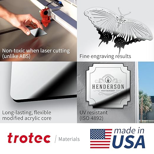Trotec | Metallic Looking Acrylic Sheet | 12"x24"x1/16, 4 Pcs | Bright Chrome/Black | Metallic Finish - Scratch Resistant for Laser Engraving & Cutting,Printing,Glowforge,Name Plate | USA Made