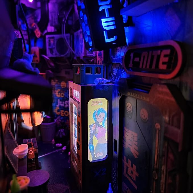 Neo Ramen MiniAlley DIY Cyberpunk Book Nook Kit – Wooden Diorama with Neon Lights, Futuristic Ramen Shop & Endless Alley Illusion – Unique Collectible Display for Bookshelf or Desk