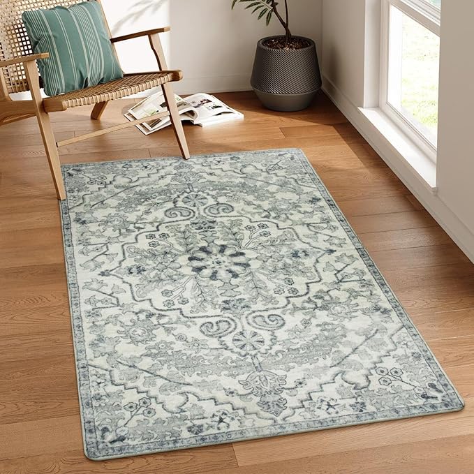 Lahome Bohemian Floral Medallion Area Rug - 3x5 Beige Washable Entryway Rug Office Mat, Transitional Non Slip Indoor Throw Bedroom Carpet for Kitchen Coffee Table Mudroom Dressing Room RV