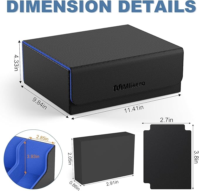 Mlikero Card Deck Case, 1800+ Trading Card Storage Box with 10 Dividers and 3 Foam Stoppers, Leather Magnetic Closure Commander Deck Box Fit for YuGiOh, MTG and Sport Cards(Black&Blue)