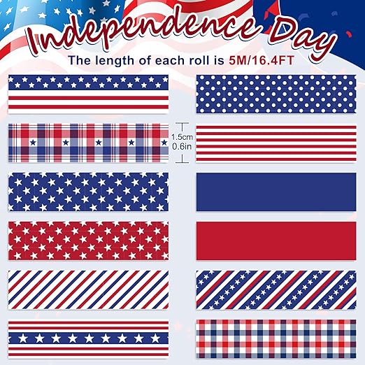 Whaline 12 Rolls 4th of July Washi Tape Patriotic Stars Stripes Washi Masking Tape Red Blue White Plaids Decorative Paper Stickers for Independence Day Scrapbook Gift Wrapping DIY Art Crafts