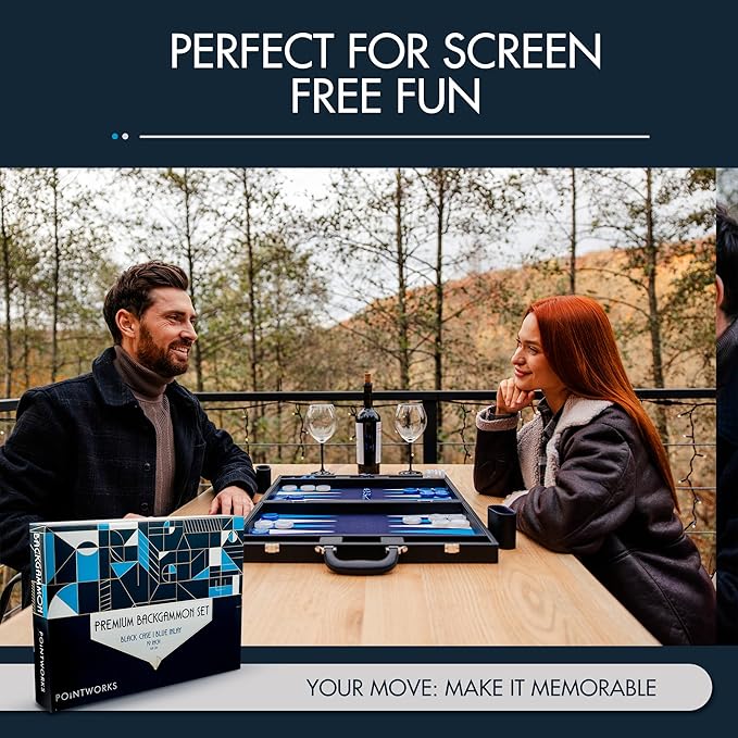19 Inch Premium Backgammon Sets for Adults Leather Black - Blue. Premium 1.6 Inch Checkers & Dice Set, Travel Backgammon Set, Large, Backgammon Board Game, Backgammon Game Set