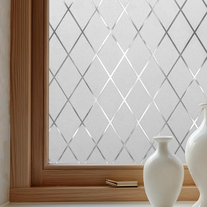 Window Privacy Film Decorative for Front Door, Bathroom Static Cling Stained Glass Sticker Opaque Heat Control UV Blocking Non-Adhesive for Home,Grid 17.5 x 78.7 inches