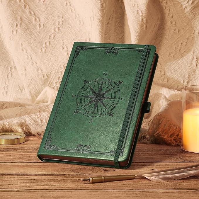 AHGXG Thick Journal Lined Notebook for Men - 320 Numbered Pages A5 College Ruled Notebook for Writing, 100gsm Paper, Vintage Leather Hardcover, for Women Work Office School, 5.75'' X 8.38''- Dark Green