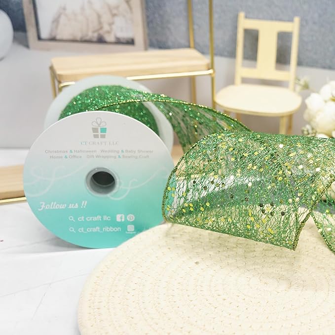 CT CRAFT LLC Sparkling Glitter Mesh Wired Ribbon 4" x 10 Yards Green for Christmas Home Decor Bow Gift Wrapping DIY Crafts Wreath