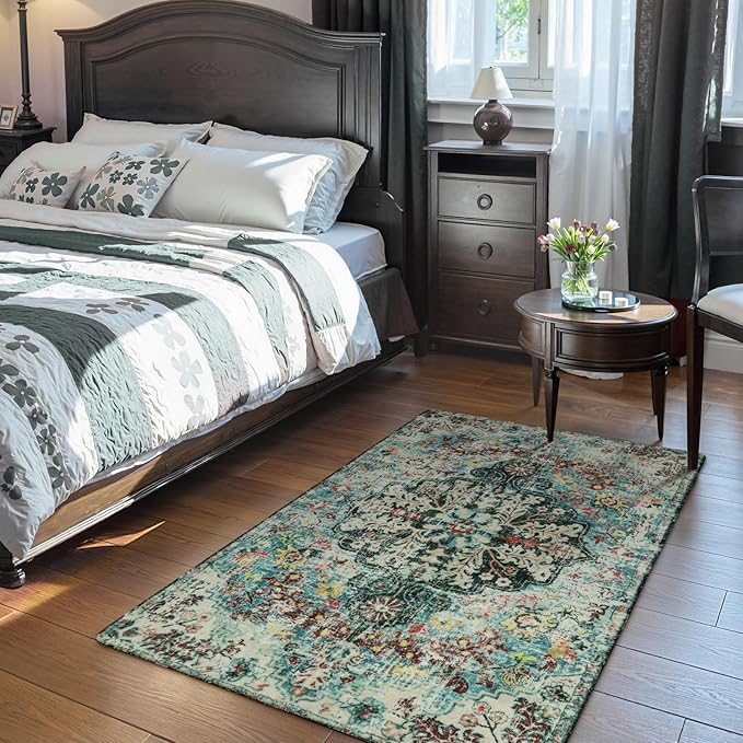 Lahome Bohemian Floral Medallion Area Rug - 3x5 Washable Bedroom Rug Entryway Mat, Non Slip Pet Friendly Turkish Nursery Carpet for Kitchen Sink Camper Couch Living Dining Room Office Hardwood