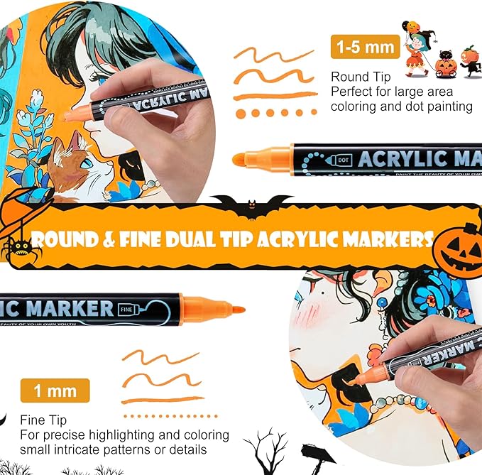60 Colors Waterproof Dual Tip Acrylic Paint Markers, Dot & Fine Tip Premium Coloring Markers Set for Rock, Glass, Wood, Ceramic Surfaces and DIY Crafts Making Art Supplies