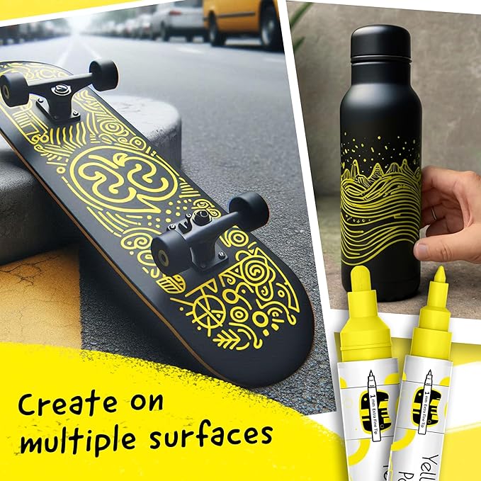 4 Dual Tip Yellow Paint Pen Metallic - Fine Tip & Medium Acrylic Paint Markers - Yellow Marker for Metal, Wood, Rock Painting, Canvas, Ceramic, Glass, Fabric, Leaf and Plastic - Water-based Ink