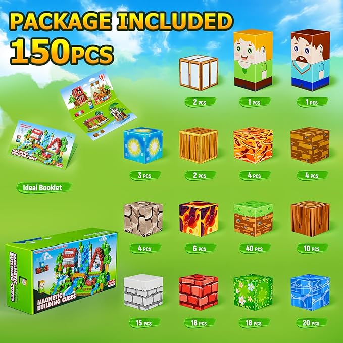 Magnetic Blocks,150PCS Magnetic Building Cube Game,Magnet Blocks Tiles Constructions Toys,STEM Educational Building Blocks for Kids,Christmas Birthday Gifts for Boys and Girls Age 3+ Years Old