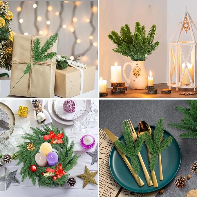 Hananona 50 Pcs Artificial Pine Branches Christmas Greenery Plants Pine Needles DIY Cedar Picks and Sprays Accessories for Christmas Garland Wreath Craft and Home Decor (50, Green)
