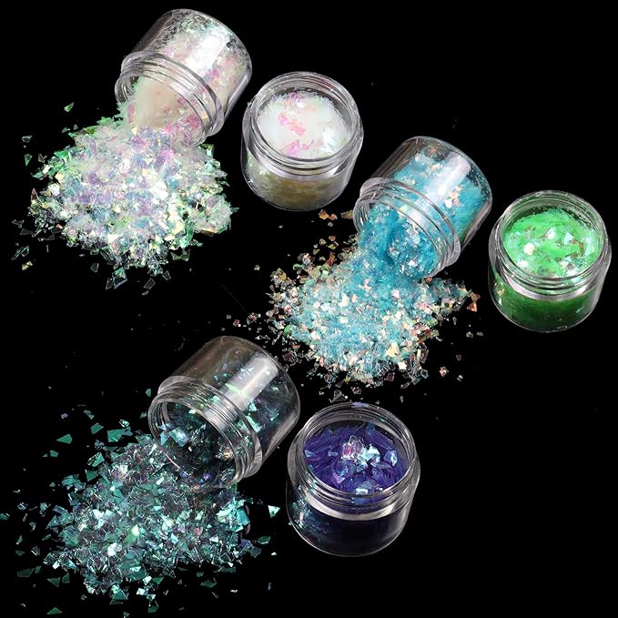 Allstarry 12 Colors Mermaid Nail Chunky Glitter Ultra-Thin Fluorescent Glass Paper Irregular Iridescent Sequin Flakes Glitters Sticker for Nails Art Decoration Hair Eyes Face Body DIY Craft