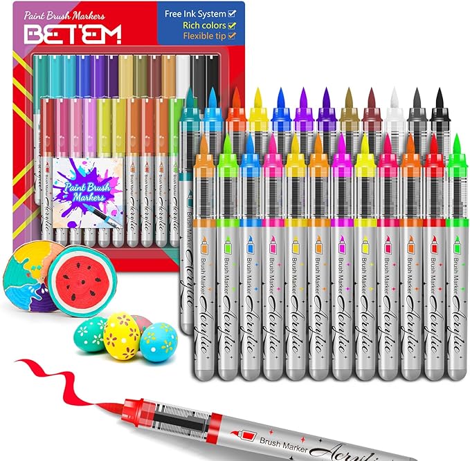 Betem Paint Markers Acrylic Paint Pens, 24 Colors Brush Tip Water Based Markers with Direct Ink System, Permanent Marker Colored Pens, Art Supplies for Rock Painting, Wood, Fabric, DIY Crafts Gift
