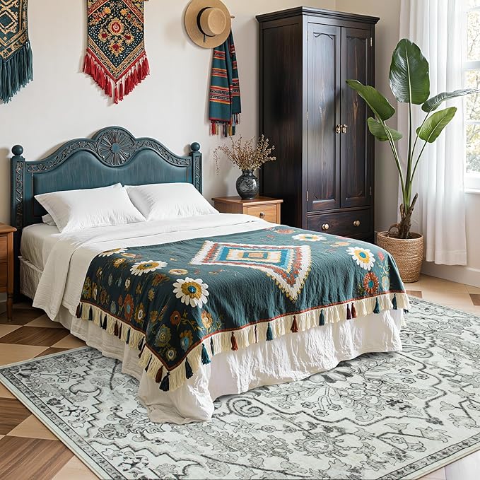 Lahome Area Rug 5x7 Washable Living Room Rug, Large Soft Bedroom Rug, Bohemian Medallion Non Slip Non Shedding Low Pile Accent Print Indoor Carpet for Dining Room Office Playroom, Beige