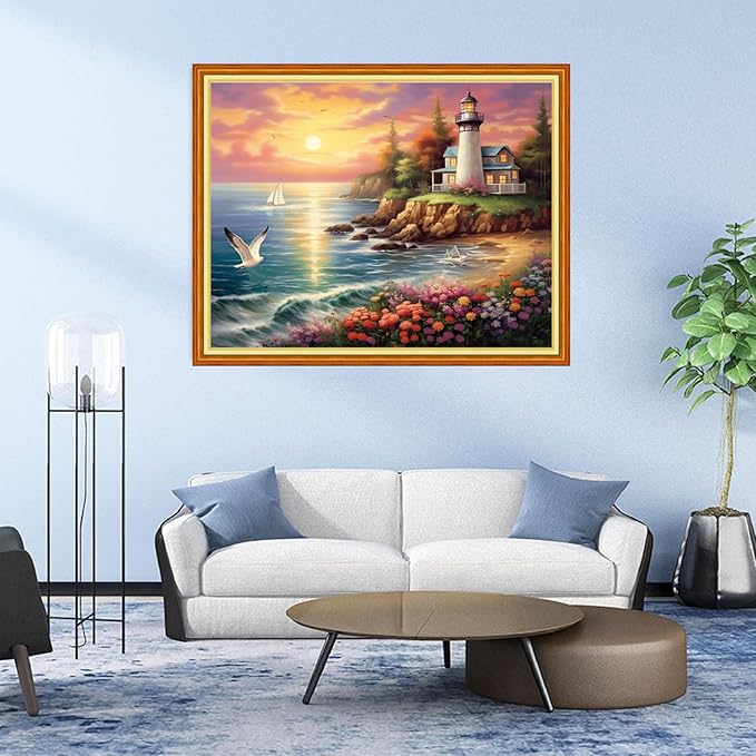 DMCVIVR Stamped Cross Stitch Kits for Adults Beginners Embroidery Kits 11CT Needlepoint Kits Cross Stitch Patterns Embroidery Patterns&Seaside Lighthouse 16x20 inch