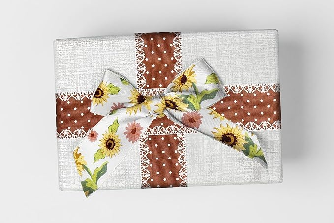 2 Rolls 10 Yard Thanksgiving Fall Wired Ribbon for Crafts Wreath Bow Making Sunflower Dot Ribbon Autumn Harvest Burlap Ribbon for Wrapping Thanksgiving Party Home Decoration 2.5''