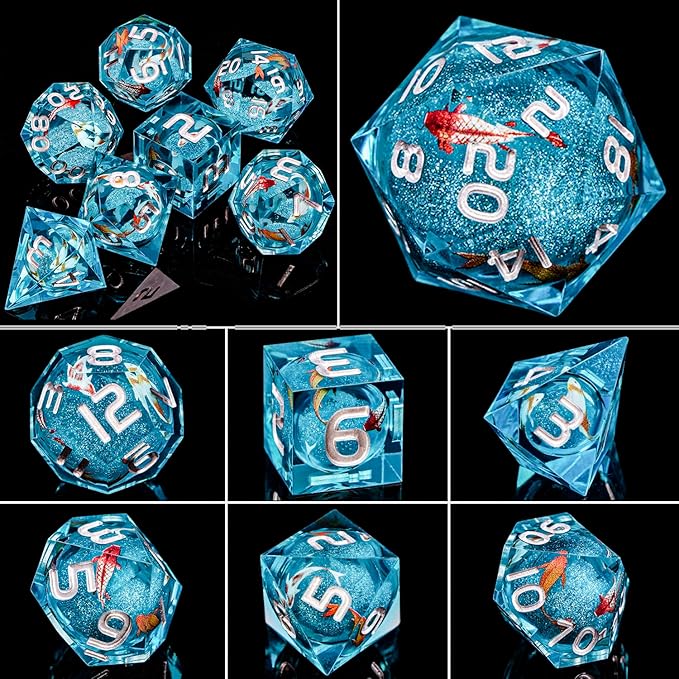 ARUOHHA Liquid Core DND Dice Set, 7pcs Resin Blue Sharp Edged Dragons Dice Compatible with D&D Role Playing Games, Handmade RPG Koi Fish Dungeons Polyhedral Dice Set D20 D12 D10 D8 D6 D4