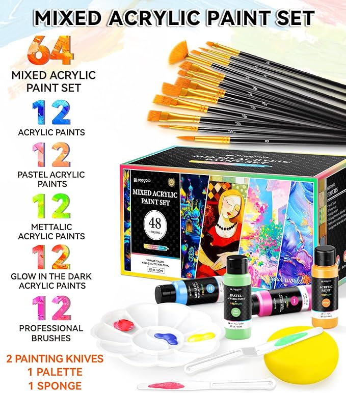 64 PCS Classic & Pastel & Metallic & Glow in the Dark Acrylic Paint Set with 12 Brushes, 2 Knives & Palette, 48 Colors Art Craft Paint for Beginners, Halloween Pumpkin Canvas Ceramic Rock Painting Kit