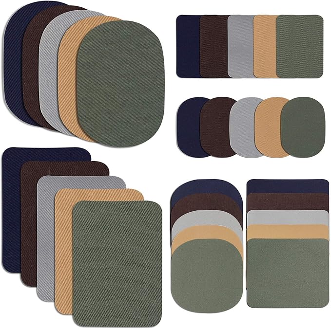 30 Pieces Twill Fabric Patches Fabric Repair Patches Iron on Twill Patch Clothing Repair Patch Kit for Jacket Clothes, 5 Colors and 3 Sizes, 4.9 x 6.9 Inches, 3.7 x 4.1 Inches, 2 x 3 Inches