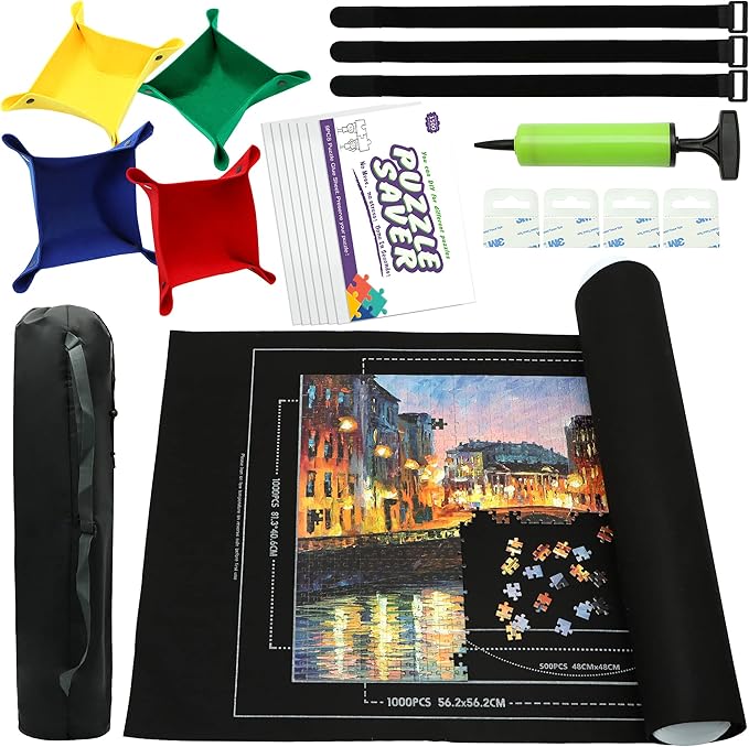 Portable Puzzle Mat Roll Up - with 9 Glue Sheets, Sorting Trays, Hand Pump, Inflatable Tube, and Storage Bag - Perfect for Kids and Adults (Black, 1500pcs)