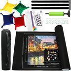 Portable Puzzle Mat Roll Up - with 9 Glue Sheets, Sorting Trays, Hand Pump, Inflatable Tube, and Storage Bag - Perfect for Kids and Adults (Black, 1500pcs)