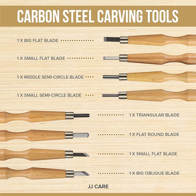 JJ CARE Wood Carving Kit [8 SK7 Carving Knives with Beechwood Handle, 10 Basswood Carving Blocks, and 1 Grinding Stone] - Beginner Wood Carving Kit, Wood Carving Tools Set, Wood Carving Set for Kids
