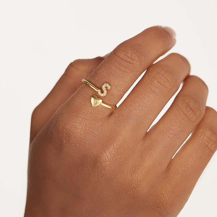 Gold Initial Rings for Women Girls, Dainty 14K Gold Plated Adjustable Initial Rings Cute Heart Zirconia Ring for Women Teen Girl Gifts