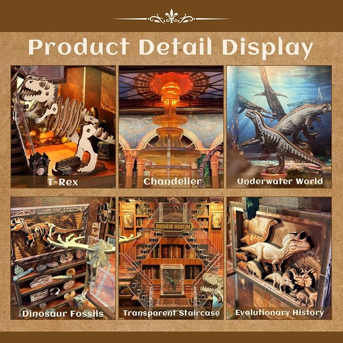 Book Nook Kit for Adults - DIY Dinosaur Museum Booknook, 3D Wooden Dollhouse Puzzle with LED Lights, Miniature Bookshelf Decor for Home Libraries