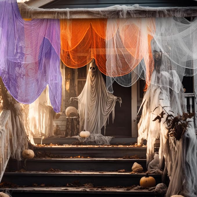 Boao Halloween Cheese cloth 84.65 x 590.55 Inch White Orange and Purple Cheesecloth Roll for Crafts Large Cotton Muslin Gauze Fabric for Halloween Outdoor & Indoor Spooky Decoration