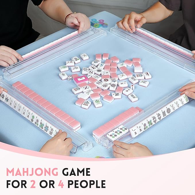 American Mahjong Tile Set,166 Tiles White Pink Acrylic Carving Tiles,Mahjong Game Set with Portable Travel case(Racks Not Included)