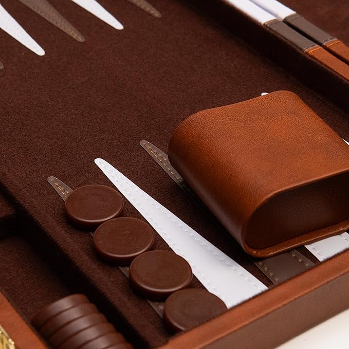 Backgammon Board Game, Deluxe Leather Like Case, Felt Interior, Brown, Classic Backgammon Game, Popular Board Game, Board Games (Small (11"))