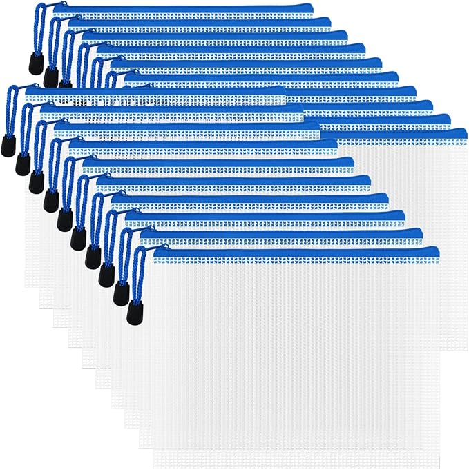 AUSTARK 20 Pcs Zipper File Bags, Plastic Mesh Pouch, Board Game Storage Bag, Waterproof Bags for Office School (A5 Size 9.2''x6.7'', White and Blue)