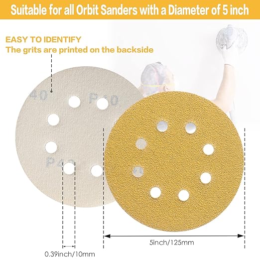 100PCS 5 Inch 8 Hole Sanding Discs 240 Grit,Gold Round Hook and Loop Sandpaper for Random Orbital Sander