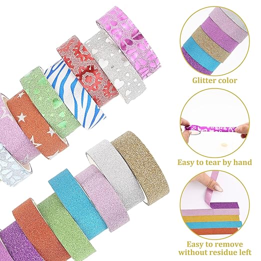 26 Rolls Glitter Washi Tape, Colored Masking Tape Set, 5mm/15mm Decorative Tape for DIY Art Crafting Scrapbooking Journaling Gift Packaging