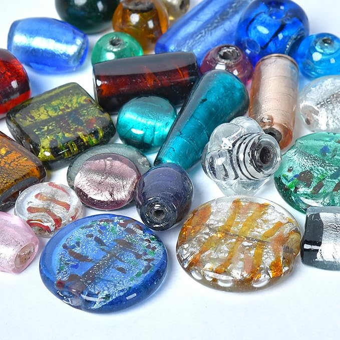 1 LB Bag of Assorted Glass Beads for Jewelry Making, Handmade Silver Foil Bead Mix for Bracelets and Necklaces, Crafting Beads Supplies Kit, Large Beads (Silver Foil Mix)