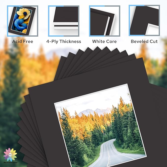 Mat Board Center, Pack of 10, 12x12 for 8x8 Black Mat Kit - Acid Free, 4-ply Thickness, White Core - Includes Backing Boards and Clear Bags - for Pictures, Photos, Framing