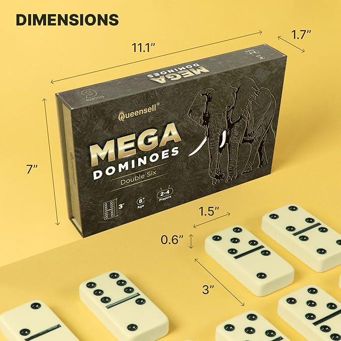 Mega Large 3" Dominoes Set for Adults and Kids – Dominoes Double 6 Classic Board Games – Double Six Domino Set with 28 Tiles and Gift Case, Juegos de Mesa (MEGA)