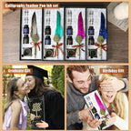 Feather Pen and Ink Set,quill pen ink set,Antique Calligraphy Pen with 4 Replaceable Nibs,2 Bottle of ink,Pen Holder Christmas Gift for Men&Women.(Green)