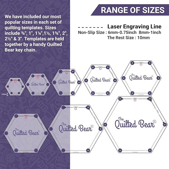 The Quilted Bear Circle Quilting Templates – 8 Clear Non-Slip Acrylic Quilt Templates for Precise Fabric Cutting & Stress-Free Machine Quilting - Ideal for Quilt & Sewing Supplies (¾–3")