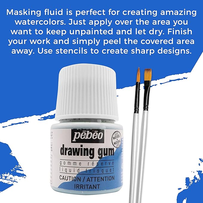 Pebeo Drawing Gum Made in France - Masking Fluid for Watercolor Painting and Various Art Projects - Bundled with Moshify Applicator Brush Set