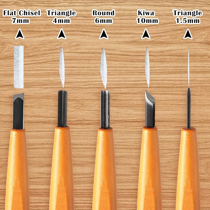 WILLBOND 5 Pcs Linocut Carving Tools Set Linoleum Hand Carving Tools Wood Carving Knife Chisel Flat V Shaped Angled Gouge Half Round Carving Tools Set for Linocut Printmaking Woodcarving Woodblock
