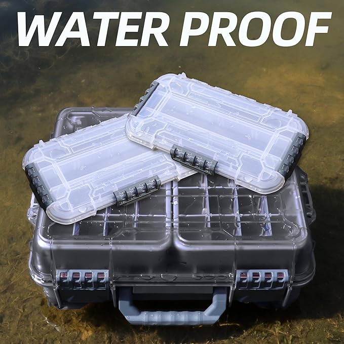 RUNCL Universal Fishing Tackle Box with Two Small Tackle Tray, Removal Inside Design Waterproof Trunk Storage Box, Thicker Floating Airtight Stowaway, Xmas Surprise Fishing Gifts for Men Women