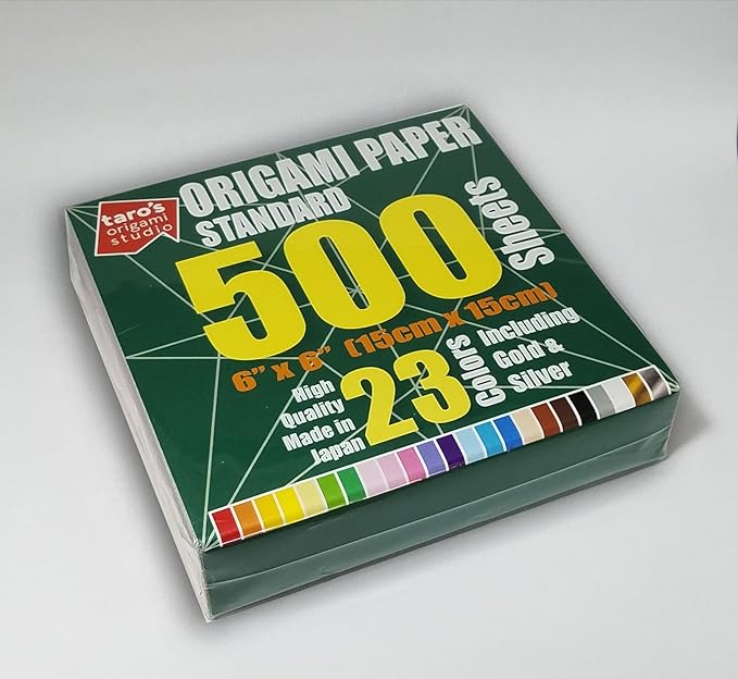 [Taro's Origami Studio] Standard 6 Inch One Sided 23 Colors 500 Sheets Square Easy Fold Premium Japanese Paper for Beginner (Gold and Silver Included)