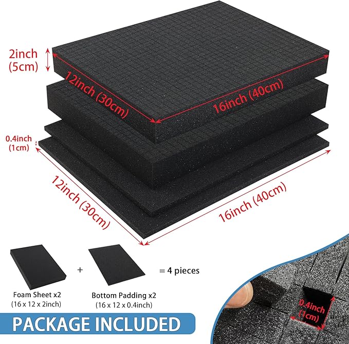 Coengwui Pick and Pluck Foam Inserts, Pre-Cubed Pick Apart Sheets for Crafts Toolbox Game Box Camera Cases Drawer Storage (2Pack 16 x 12 x 2" with 0.4" Bottom Padding)