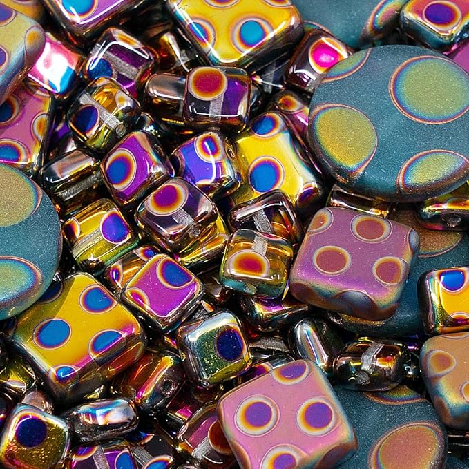 1.75 oz (50g) Mix of Unique Czech Bohemia Glass Pressed Beads, Blue Violet Pink Vitrail Sliperit, Dot Patterned, Matte and Glossy, Hand Made BCV