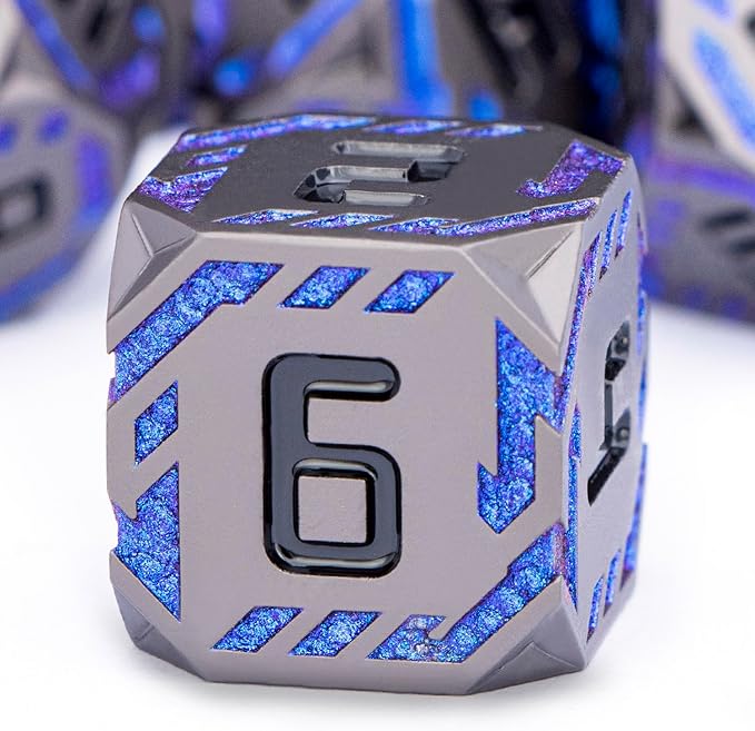 Metal DND Sci-fi Dice Set 7PCS Stripe Polyhedral Dice for Dungeons Dragons RPG Role Playing Game, Glitter D and D Dice with Gift Box D6 D8 D10 D12 D20 (Black&Blue Purple)