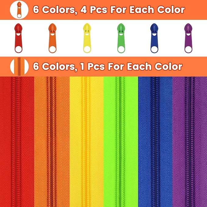 DOITEM 13.5 Yards 6 Pieces Sewing Zippers #5 Nylon Coil Zippers Assorted Zipper for Sewing with 24 Zipper Sliders for DIY Tailor Sewing Crafts Supplies, 6 Colors