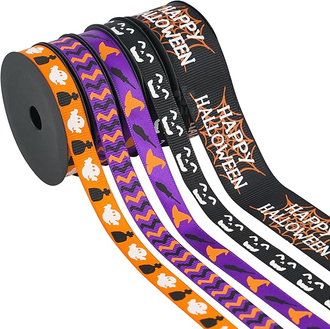 MEEDEE 3/8 inch 1 inch Halloween Ribbon Set Spooky October Ribbon Assortment 5 Rolls 10 Yards Halloween Crafts, Fall Gift Wrap, Party Decorations, Autumn Wreaths, Trim Bundle, Wreath Bow Supplies