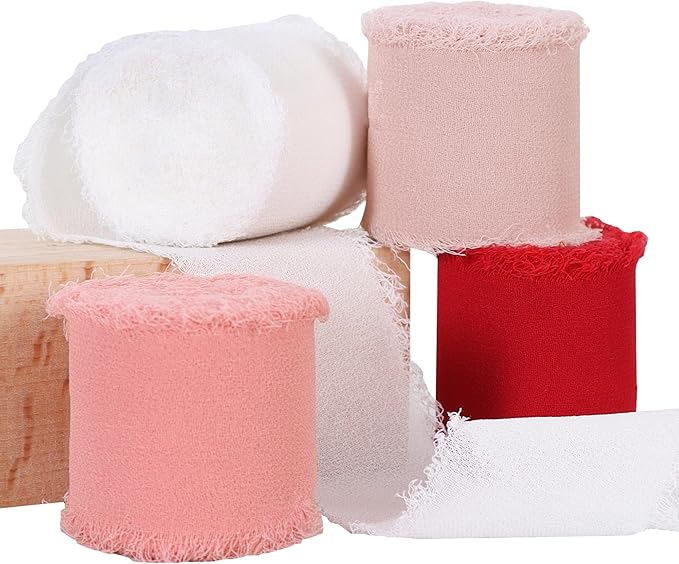 TONIFUL 4 Rolls Silk Chiffon Ribbon 1-1/2 Inch x 22 Yards,Red Pink and White Handmade Fringe Silk Ribbon Set for Gift Wrapping Bridal Bouquets Crafts Wedding Christmas Valentines Decoration