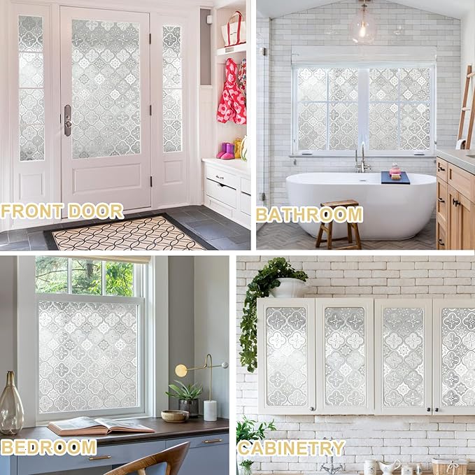 Window Privacy Film Decorative for Front Door, Bathroom Static Cling Stained Glass Sticker Opaque Heat Control UV Blocking Non-Adhesive for Home Windows 35.4 X 118.1 inches