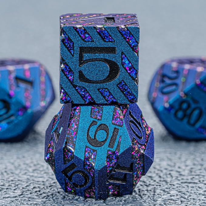 Metallic Glitter Stripes D&D Dice Set,7 PCS Polyhedral Dice Set with Gift,RPG Metal Dice Set Dungeons and Dragons Tabletop Game (Blue+Light Purple)